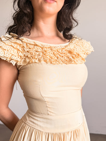 1940s Buttercream Eyelet Ruffled Cotton Dress