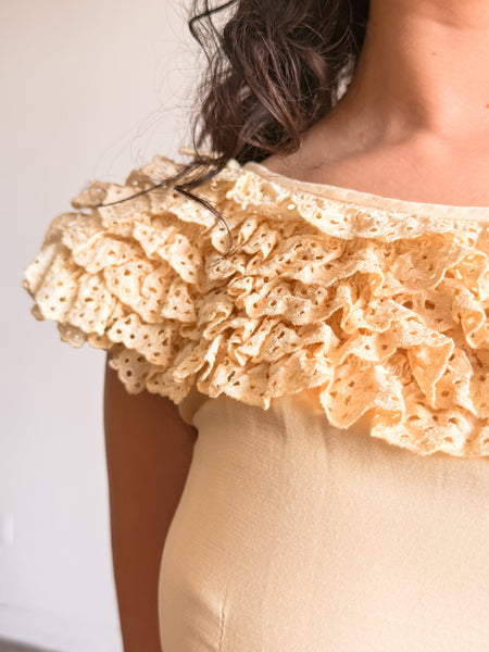 1940s Buttercream Eyelet Ruffled Cotton Dress