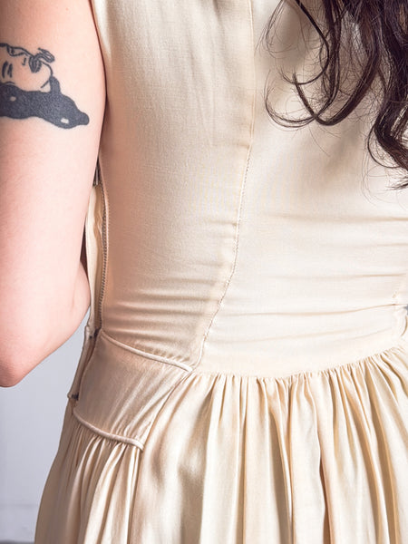 1940s Buttercream Eyelet Ruffled Cotton Dress