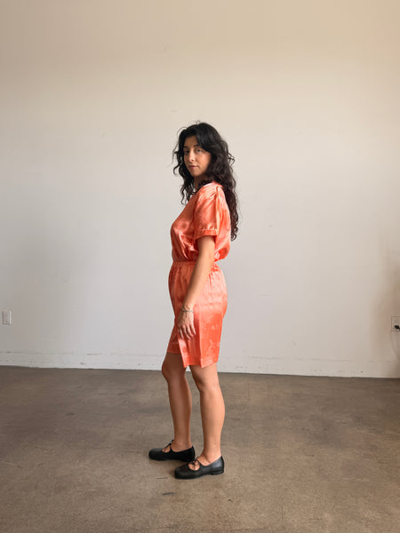 1980s Coral Silk Chinese Short Set