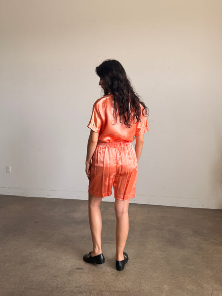 1980s Coral Silk Chinese Short Set