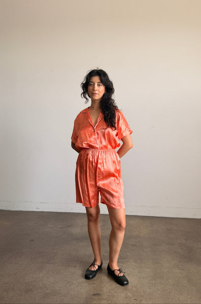 1980s Coral Silk Chinese Short Set