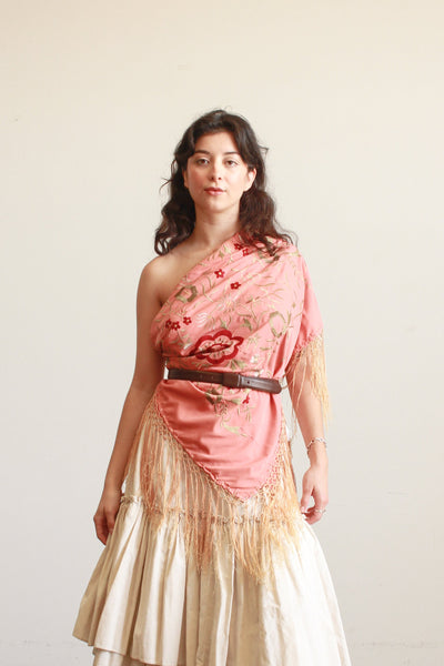 1930s Coral Silk Embroidered Piano Shawl