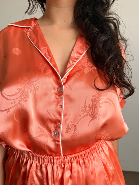 1980s Coral Silk Chinese Short Set