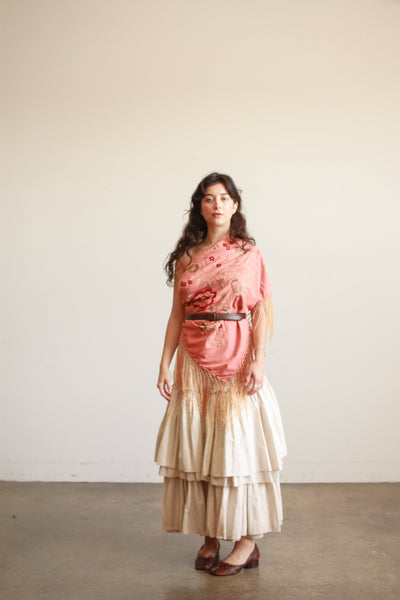 1930s Coral Silk Embroidered Piano Shawl
