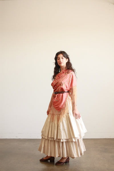 1930s Coral Silk Embroidered Piano Shawl
