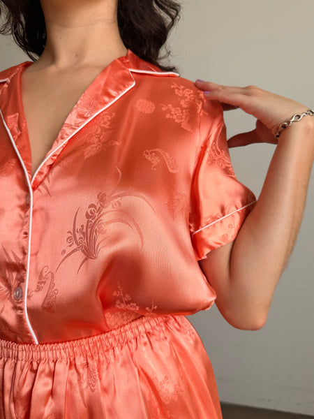 1980s Coral Silk Chinese Short Set
