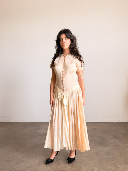1940s Buttercream Organza Print Drop Waist Dress