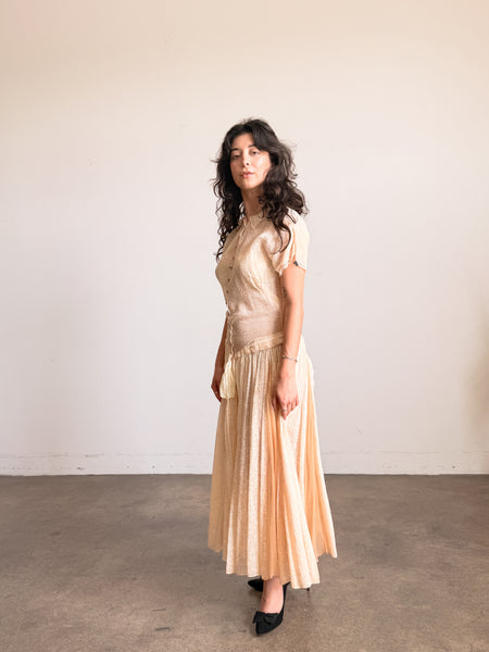 1940s Buttercream Organza Print Drop Waist Dress