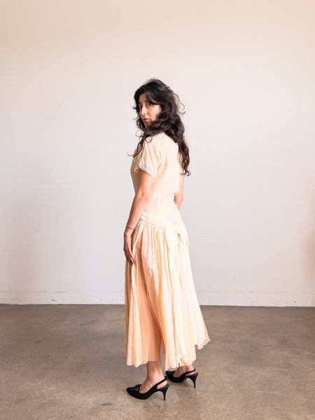 1940s Buttercream Organza Print Drop Waist Dress