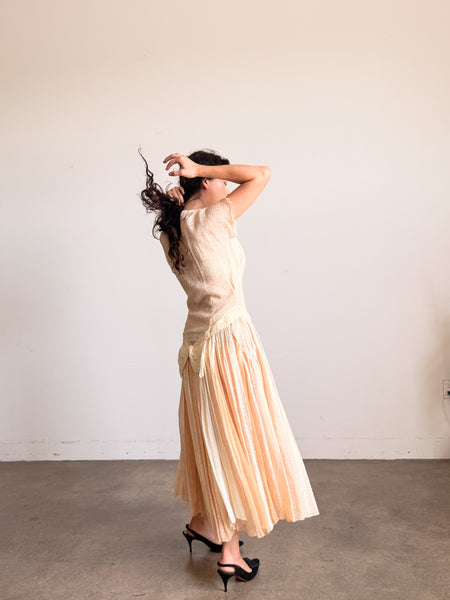 1940s Buttercream Organza Print Drop Waist Dress