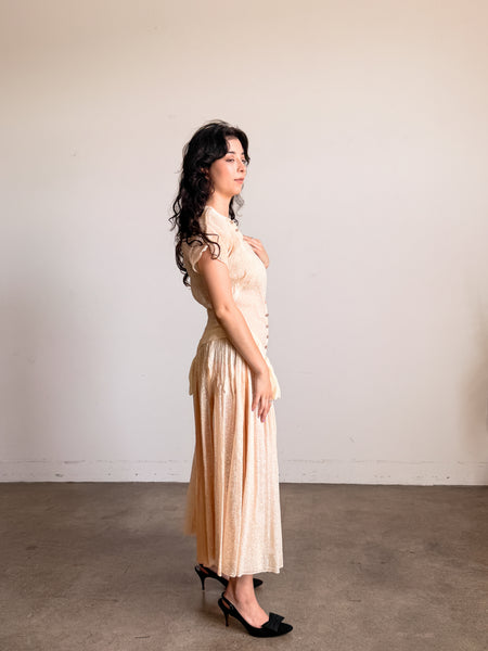 1940s Buttercream Organza Print Drop Waist Dress