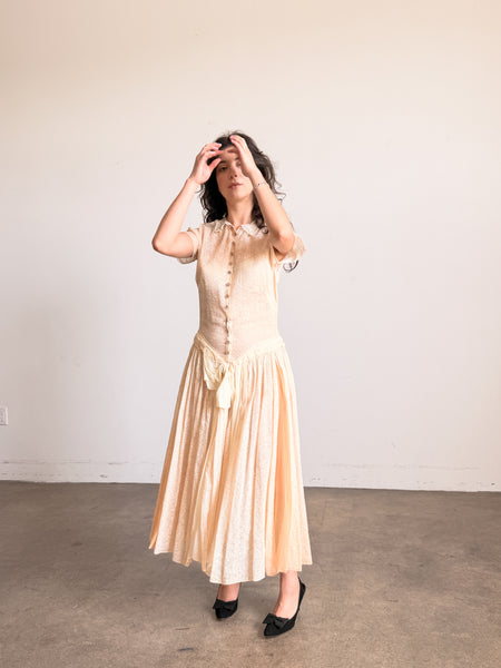 1940s Buttercream Organza Print Drop Waist Dress
