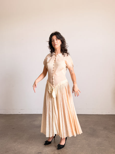 1940s Buttercream Organza Print Drop Waist Dress