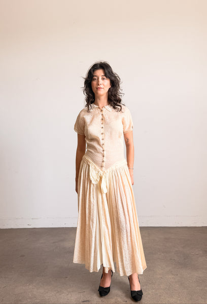 1940s Buttercream Organza Print Drop Waist Dress