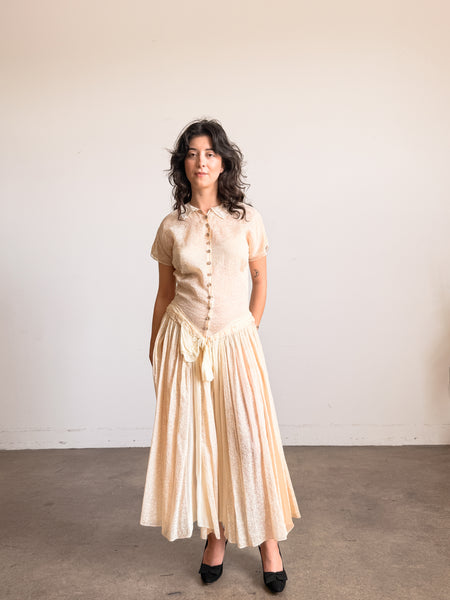 1940s Buttercream Organza Print Drop Waist Dress