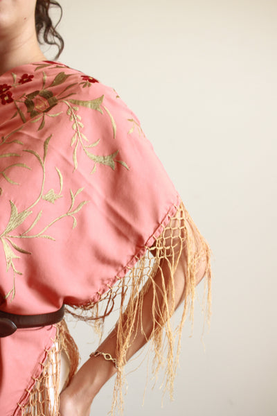 1930s Coral Silk Embroidered Piano Shawl