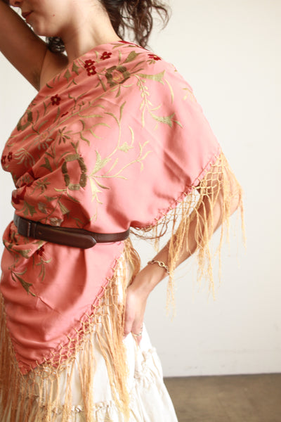 1930s Coral Silk Embroidered Piano Shawl
