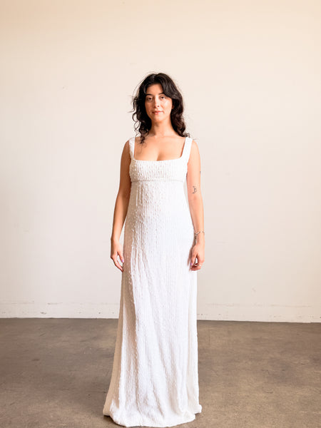1950s White Grecian Empire Textured Sleeveless Dress