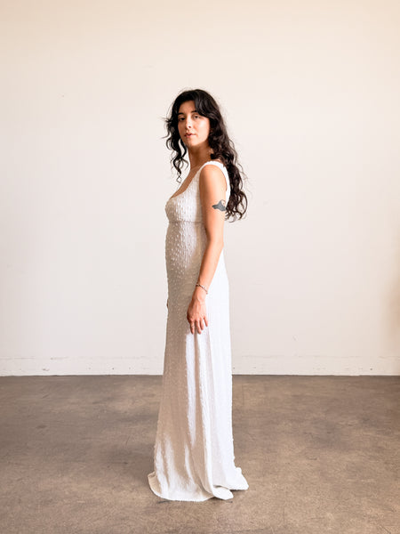 1950s White Grecian Empire Textured Sleeveless Dress