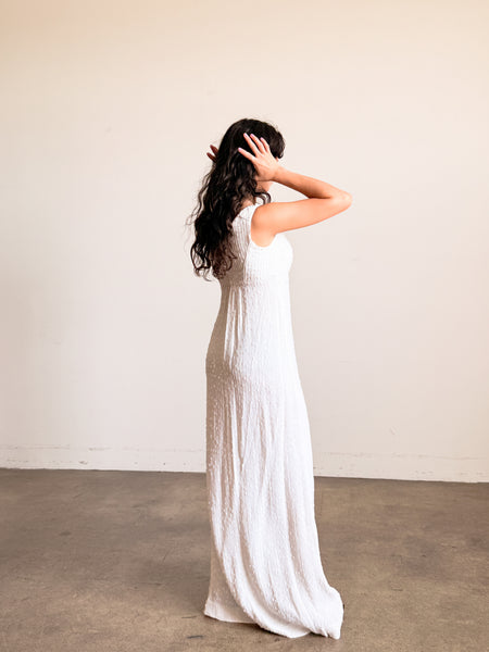 1950s White Grecian Empire Textured Sleeveless Dress
