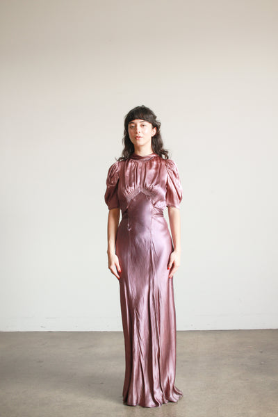 1930s Plum Silk Smock Bias Gown
