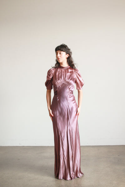 1930s Plum Silk Smock Bias Gown