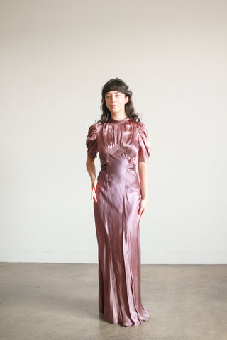 1930s Plum Silk Smock Bias Gown