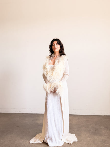 1970s White Ostrich Feather Trim Duster Robe