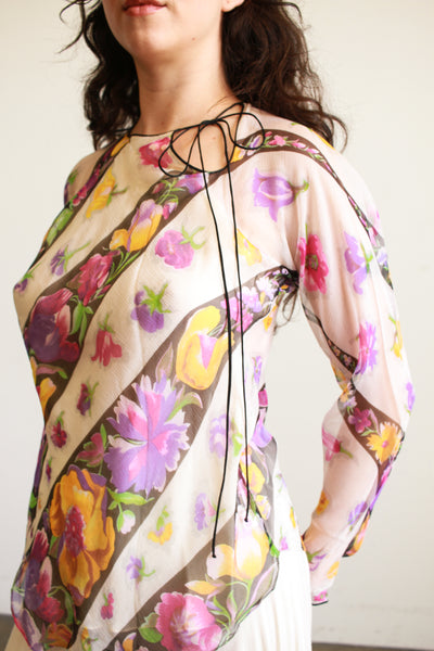 1980s Violet Print Sheer Silk Long Sleeve Blouse