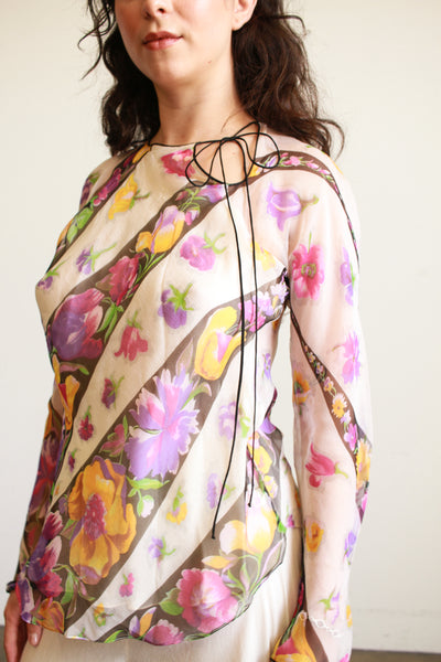 1980s Violet Print Sheer Silk Long Sleeve Blouse