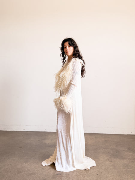 1970s White Ostrich Feather Trim Duster Robe
