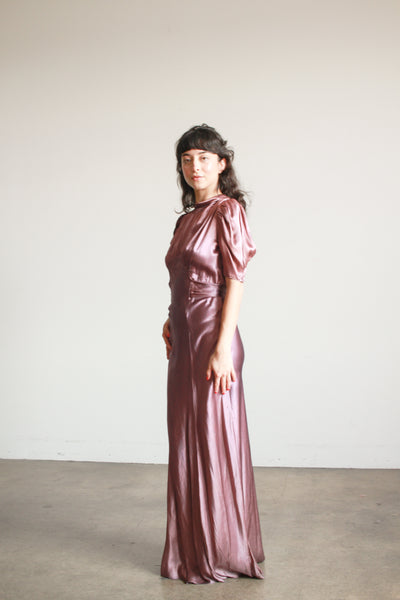 1930s Plum Silk Smock Bias Gown