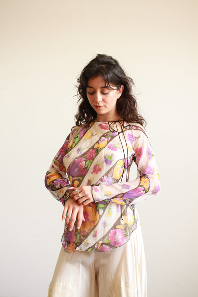 1980s Violet Print Sheer Silk Long Sleeve Blouse