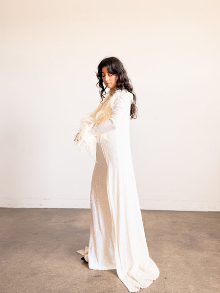 1970s White Ostrich Feather Trim Duster Robe