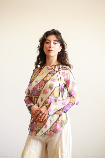 1980s Violet Print Sheer Silk Long Sleeve Blouse
