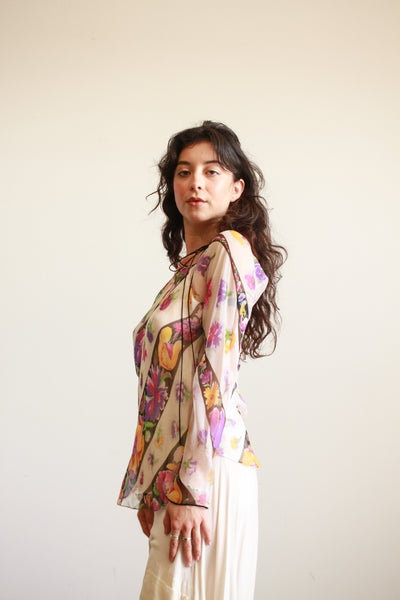 1980s Violet Print Sheer Silk Long Sleeve Blouse