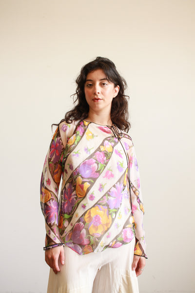 1980s Violet Print Sheer Silk Long Sleeve Blouse