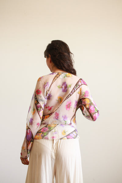1980s Violet Print Sheer Silk Long Sleeve Blouse