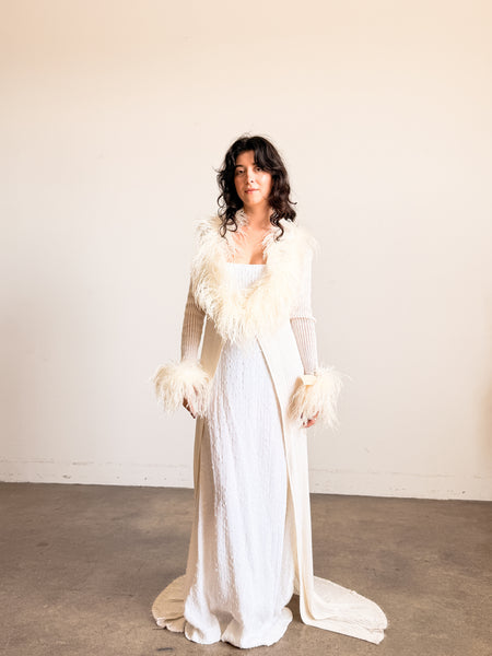 1970s White Ostrich Feather Trim Duster Robe