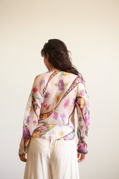 1980s Violet Print Sheer Silk Long Sleeve Blouse