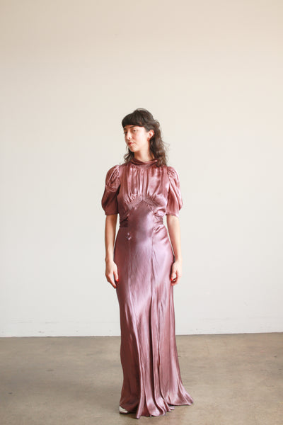1930s Plum Silk Smock Bias Gown