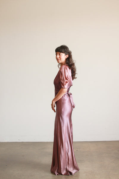 1930s Plum Silk Smock Bias Gown