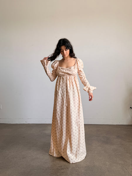 1970s Butterfly Print Cotton Empire Dress