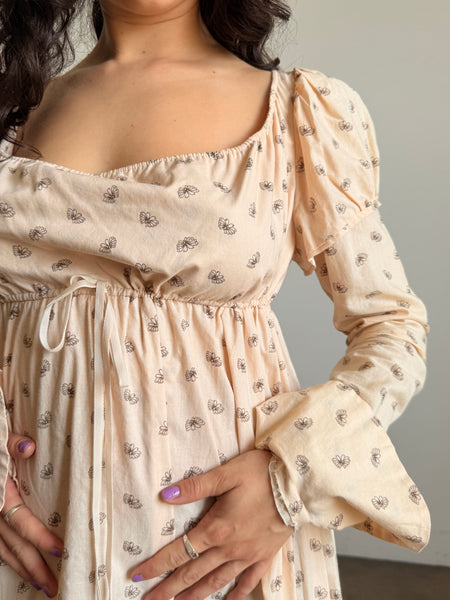 1970s Butterfly Print Cotton Empire Dress