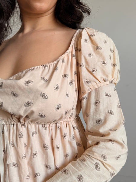 1970s Butterfly Print Cotton Empire Dress