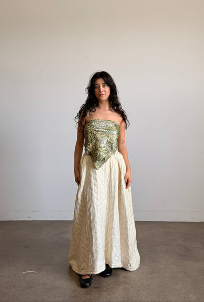 Antique Cream Silk Quilted Maxi Skirt