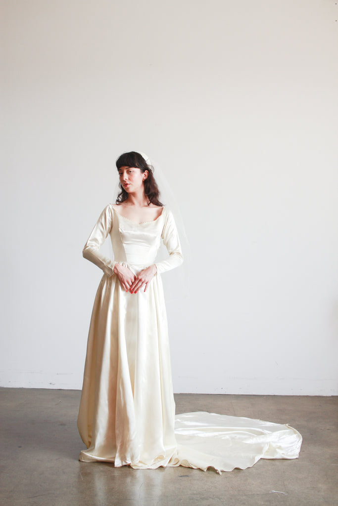 1950s Ivory Silk Satin Basque Waist Gown