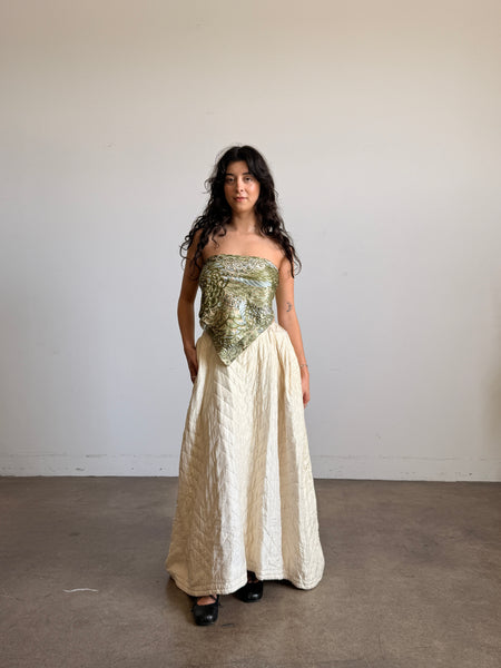 Antique Cream Silk Quilted Maxi Skirt