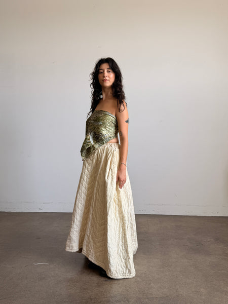 Antique Cream Silk Quilted Maxi Skirt